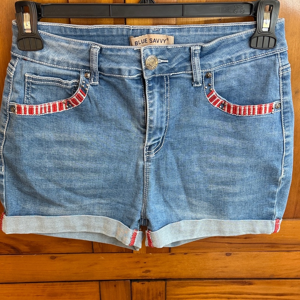 Blue Savvy USA Patriotic Jean Shorts with Colorful Embroidery, Beads & Stars